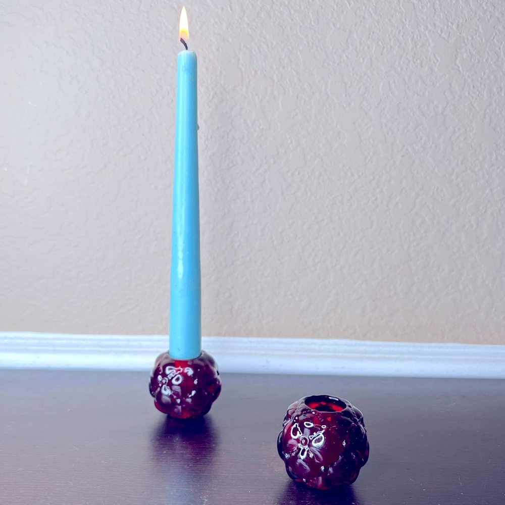 Vintage 1980's Beacon Hill Ruby Red Crystal Double Sided Candle Holder Pair